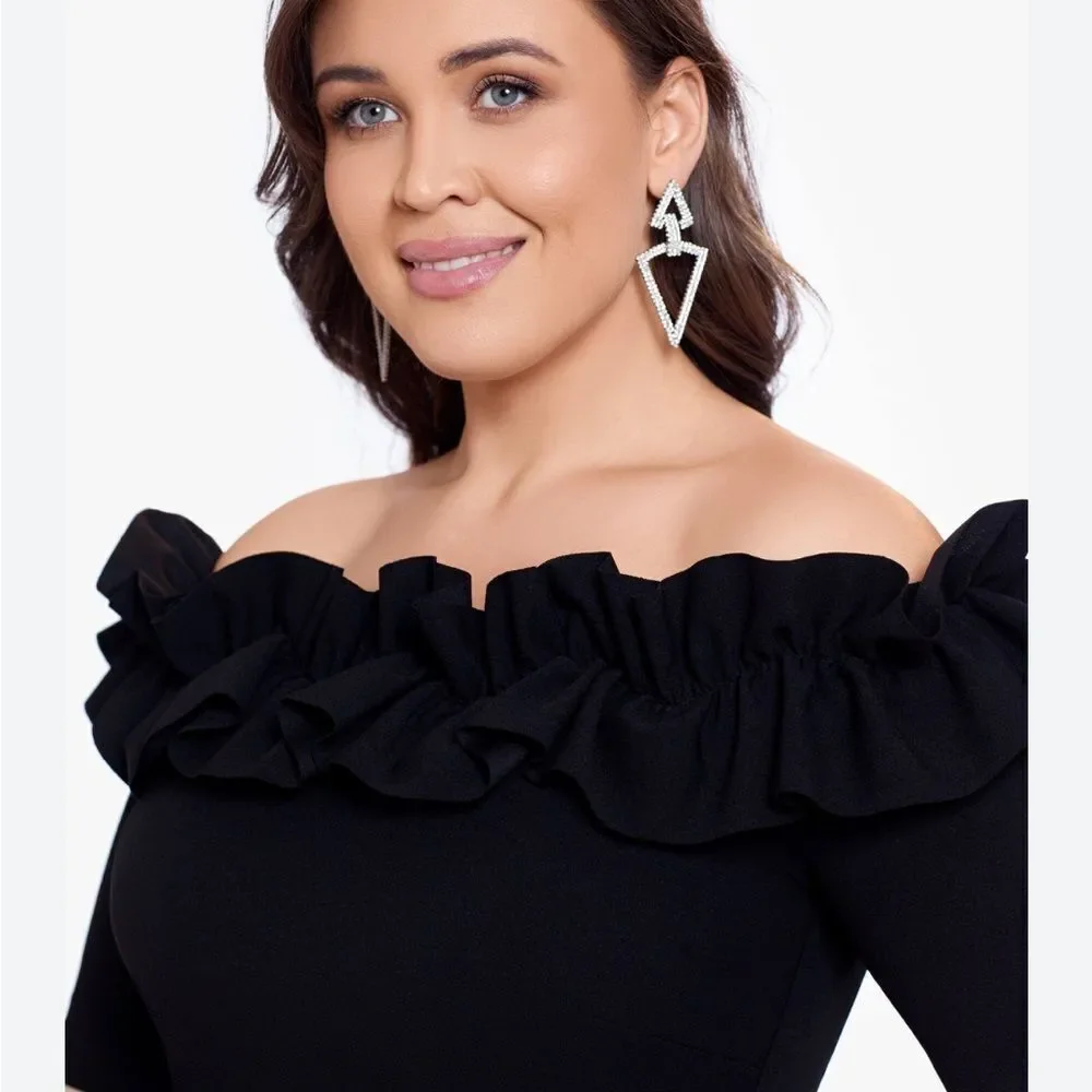 XSCAPE 3856X Off the Shoulder Ruffle Crepe Trumpet Gown black NWT $258